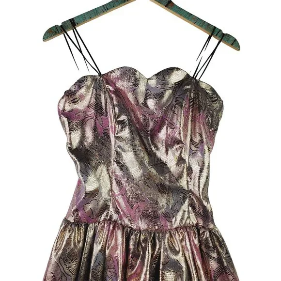 Vtg 1980's Jessica McClintock Gunne Sax Floral Foil Strappy Party Dress Sz 7/8 - Picture 3 of 12